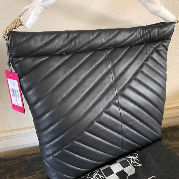 Vince Camuto Pehri Large Quilted Black Leather Hobo Shoulder Bag-24 HR SALE - Picture 2 of 6